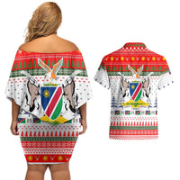 Namibia Christmas Couples Matching Off Shoulder Short Dress and Hawaiian Shirt with Red-Green Theme, Coat of Arms, and National Flag Motif - Wonder Print Shop