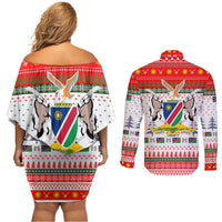 Namibia Christmas Couples Matching Off Shoulder Short Dress and Long Sleeve Button Shirt with Red-Green Theme, Coat of Arms, and National Flag Motif - Wonder Print Shop