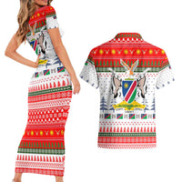 Namibia Christmas Couples Matching Short Sleeve Bodycon Dress and Hawaiian Shirt with Red-Green Theme, Coat of Arms, and National Flag Motif - Wonder Print Shop