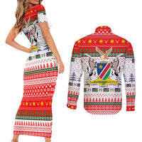 Namibia Christmas Couples Matching Short Sleeve Bodycon Dress and Long Sleeve Button Shirt with Red-Green Theme, Coat of Arms, and National Flag Motif - Wonder Print Shop
