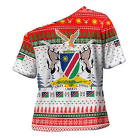 Namibia Christmas Cross Shoulder Shirt with Red-Green Theme, Coat of Arms, and National Flag Motif - Wonder Print Shop