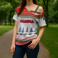 Namibia Christmas Cross Shoulder Shirt with Red-Green Theme, Coat of Arms, and National Flag Motif - Wonder Print Shop