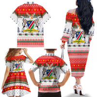 Namibia Christmas Family Matching Off The Shoulder Long Sleeve Dress and Hawaiian Shirt with Red-Green Theme, Coat of Arms, and National Flag Motif - Wonder Print Shop