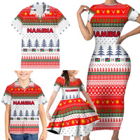 Namibia Christmas Family Matching Short Sleeve Bodycon Dress and Hawaiian Shirt with Red-Green Theme, Coat of Arms, and National Flag Motif - Wonder Print Shop