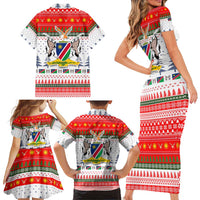Namibia Christmas Family Matching Short Sleeve Bodycon Dress and Hawaiian Shirt with Red-Green Theme, Coat of Arms, and National Flag Motif - Wonder Print Shop