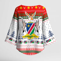 Namibia Christmas Kimono Sleeve Blouse with Red-Green Theme, Coat of Arms, and National Flag Motif - Wonder Print Shop