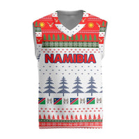 Namibia Christmas Knitted V-Neck Vest with Red-Green Theme, Coat of Arms, and National Flag Motif - Wonder Print Shop