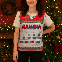 Namibia Christmas Knitted V-Neck Vest with Red-Green Theme, Coat of Arms, and National Flag Motif - Wonder Print Shop