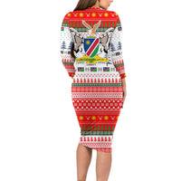 Namibia Christmas Long Sleeve Bodycon Dress with Red-Green Theme, Coat of Arms, and National Flag Motif - Wonder Print Shop