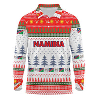 Namibia Christmas Long Sleeve Polo Shirt with Red-Green Theme, Coat of Arms, and National Flag Motif - Wonder Print Shop