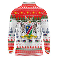 Namibia Christmas Long Sleeve Polo Shirt with Red-Green Theme, Coat of Arms, and National Flag Motif - Wonder Print Shop