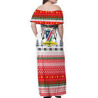 Namibia Christmas Off Shoulder Maxi Dress with Red-Green Theme, Coat of Arms, and National Flag Motif - Wonder Print Shop