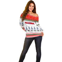 Namibia Christmas Off Shoulder Sweater with Red-Green Theme, Coat of Arms, and National Flag Motif - Wonder Print Shop