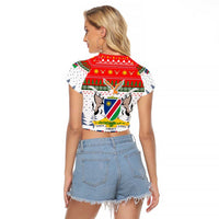 Namibia Christmas Raglan Cropped T Shirt with Red-Green Theme, Coat of Arms, and National Flag Motif - Wonder Print Shop