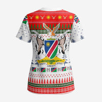 Namibia Christmas Scrub Top with Red-Green Theme, Coat of Arms, and National Flag Motif - Wonder Print Shop