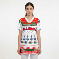 Namibia Christmas Scrub Top with Red-Green Theme, Coat of Arms, and National Flag Motif - Wonder Print Shop