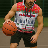 Namibia Christmas Sleeveless Zip Hoodie with Red-Green Theme, Coat of Arms, and National Flag Motif - Wonder Print Shop