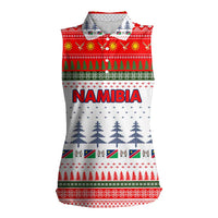 Namibia Christmas Women Sleeveless Polo Shirt with Red-Green Theme, Coat of Arms, and National Flag Motif - Wonder Print Shop