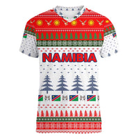 Namibia Christmas Women V-Neck T-Shirt with Red-Green Theme, Coat of Arms, and National Flag Motif - Wonder Print Shop