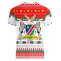 Namibia Christmas Women V-Neck T-Shirt with Red-Green Theme, Coat of Arms, and National Flag Motif - Wonder Print Shop