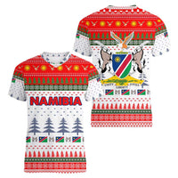 Namibia Christmas Women V-Neck T-Shirt with Red-Green Theme, Coat of Arms, and National Flag Motif - Wonder Print Shop