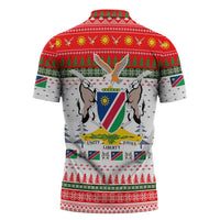 Namibia Christmas Zipper Polo Shirt with Red-Green Theme, Coat of Arms, and National Flag Motif - Wonder Print Shop