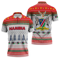 Namibia Christmas Zipper Polo Shirt with Red-Green Theme, Coat of Arms, and National Flag Motif - Wonder Print Shop