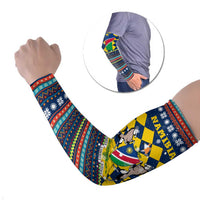 Namibia Christmas Arm Sleeves with Blue-Yellow Diamond Pattern, Coat of Arms, and Flag Map Motif - Wonder Print Shop
