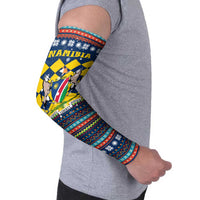 Namibia Christmas Arm Sleeves with Blue-Yellow Diamond Pattern, Coat of Arms, and Flag Map Motif - Wonder Print Shop