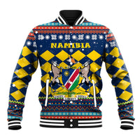 Namibia Christmas Baseball Jacket with Blue-Yellow Diamond Pattern, Coat of Arms, and Flag Map Motif - Wonder Print Shop