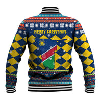 Namibia Christmas Baseball Jacket with Blue-Yellow Diamond Pattern, Coat of Arms, and Flag Map Motif - Wonder Print Shop