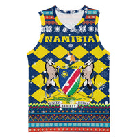 Namibia Christmas Basketball Jersey with Blue-Yellow Diamond Pattern, Coat of Arms, and Flag Map Motif - Wonder Print Shop