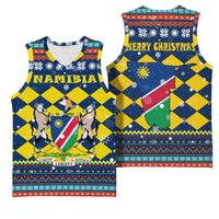 Namibia Christmas Basketball Jersey with Blue-Yellow Diamond Pattern, Coat of Arms, and Flag Map Motif - Wonder Print Shop