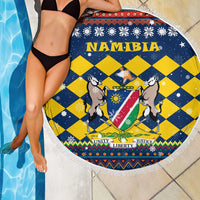 Namibia Christmas Beach Blanket with Blue-Yellow Diamond Pattern, Coat of Arms, and Flag Map Motif - Wonder Print Shop