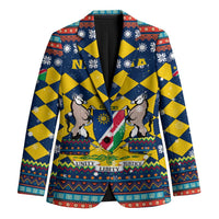 Namibia Christmas Blazer with Blue-Yellow Diamond Pattern, Coat of Arms, and Flag Map Motif - Wonder Print Shop