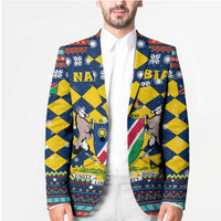 Namibia Christmas Blazer with Blue-Yellow Diamond Pattern, Coat of Arms, and Flag Map Motif - Wonder Print Shop