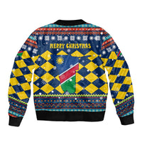 Namibia Christmas Bomber Jacket with Blue-Yellow Diamond Pattern, Coat of Arms, and Flag Map Motif - Wonder Print Shop