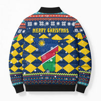 Namibia Christmas Bomber Puffer Jacket with Blue-Yellow Diamond Pattern, Coat of Arms, and Flag Map Motif - Wonder Print Shop