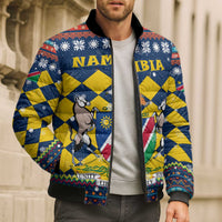 Namibia Christmas Bomber Puffer Jacket with Blue-Yellow Diamond Pattern, Coat of Arms, and Flag Map Motif - Wonder Print Shop