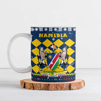 Namibia Christmas Ceramic Mug with Blue-Yellow Diamond Pattern, Coat of Arms, and Flag Map Motif - Wonder Print Shop
