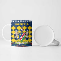 Namibia Christmas Ceramic Mug with Blue-Yellow Diamond Pattern, Coat of Arms, and Flag Map Motif - Wonder Print Shop
