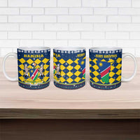 Namibia Christmas Ceramic Mug with Blue-Yellow Diamond Pattern, Coat of Arms, and Flag Map Motif - Wonder Print Shop