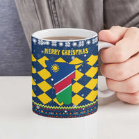 Namibia Christmas Ceramic Mug with Blue-Yellow Diamond Pattern, Coat of Arms, and Flag Map Motif - Wonder Print Shop