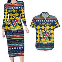Namibia Christmas Couples Matching Long Sleeve Bodycon Dress and Hawaiian Shirt with Blue-Yellow Diamond Pattern, Coat of Arms, and Flag Map Motif - Wonder Print Shop