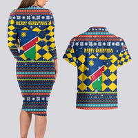 Namibia Christmas Couples Matching Long Sleeve Bodycon Dress and Hawaiian Shirt with Blue-Yellow Diamond Pattern, Coat of Arms, and Flag Map Motif - Wonder Print Shop