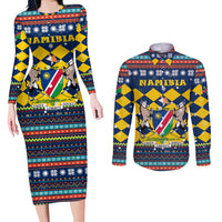 Namibia Christmas Couples Matching Long Sleeve Bodycon Dress and Long Sleeve Button Shirt with Blue-Yellow Diamond Pattern, Coat of Arms, and Flag Map Motif - Wonder Print Shop