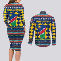 Namibia Christmas Couples Matching Long Sleeve Bodycon Dress and Long Sleeve Button Shirt with Blue-Yellow Diamond Pattern, Coat of Arms, and Flag Map Motif - Wonder Print Shop