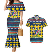 Namibia Christmas Couples Matching Mermaid Dress and Hawaiian Shirt with Blue-Yellow Diamond Pattern, Coat of Arms, and Flag Map Motif - Wonder Print Shop