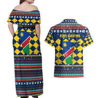 Namibia Christmas Couples Matching Off Shoulder Maxi Dress and Hawaiian Shirt with Blue-Yellow Diamond Pattern, Coat of Arms, and Flag Map Motif - Wonder Print Shop