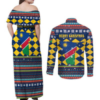 Namibia Christmas Couples Matching Off Shoulder Maxi Dress and Long Sleeve Button Shirt with Blue-Yellow Diamond Pattern, Coat of Arms, and Flag Map Motif - Wonder Print Shop